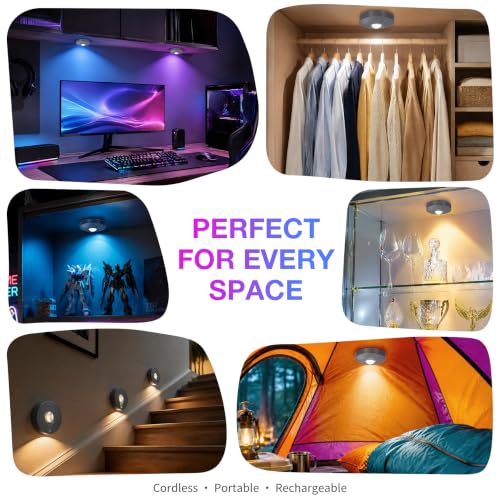 Image of UNUSROOM Rechargeable RGB Puck Lights with Remote Control, Wireless Under Cabinet Lighting,13 Color Changing Lights with Dimmer,Timer,2000mAh Battery Operated Tap Lights for Kitchen (Dark Gray,4PCS)