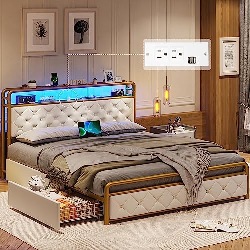 ADORNEVE Queen LED Bed Frame with Storage Headboard,Queen Size Platform Bed Frame with Power Outlets & USB Ports,Bed Frame with Drawers,Velvet Tufted Headboard,Noise-Free,Creamy White & Gold
