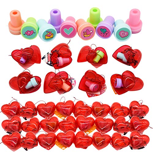 Kissdream 30 Packs Kids Valentine Party Favors Set with 30 Valentine's day style Stampers Filled Hearts and Valentine Cards for Kids Valentine Classroom Exchange, Kids Stampers for Kids Valentine, Gift Exchange & Game Prizes(1.15in)