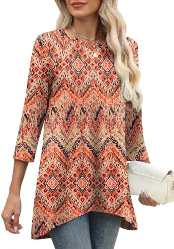 Image of OFEEFAN Tunic Tops for Women Loose Fit Dressy 3 /4 Length Sleeve Womens Tops with Asymmetrical Hem S-4XL