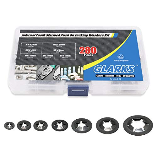 Glarks 280Pcs Internal Tooth Starlock Push On Locking Washers Speed Clips Fasteners Assortment Kit #7