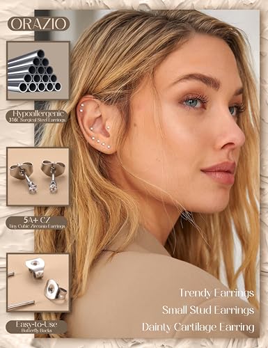 ORAZIO 6 Pairs Tiny 2mm Stainless Steel Stud Earrings For Mens Womens CZ Round Ball Cartilage Earrings Set2