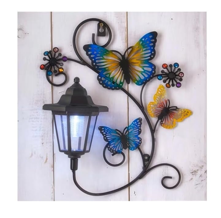 Solar Power Butterfly LED Lantern Decorative Garden Ornament Wall Art Plaque