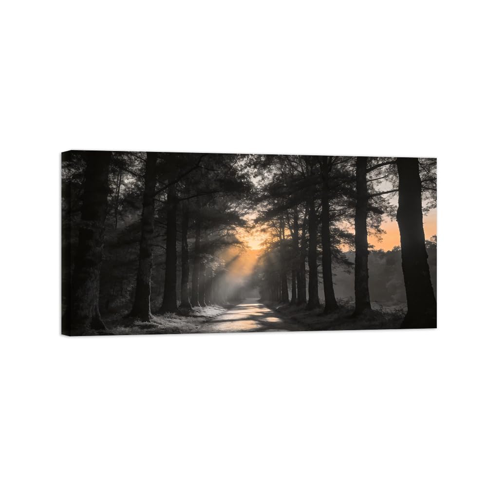OZPWBVY Black and White Landscape Print Painting-Forest Sunset 2-Minimalist Canvas Wall Art Picture for Home Ready to Hang 24x47in 60x120cm Wrapped Canvas