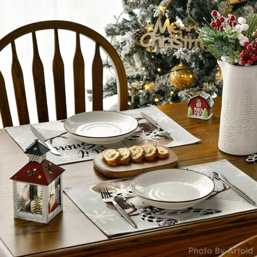 Artoid Mode Grey Snowman Snowflakes Christmas Placemats Set of 6, 30 x 45cm Seasonal Winter Xmas Holiday Vintage Washable Table Mats - Image 4