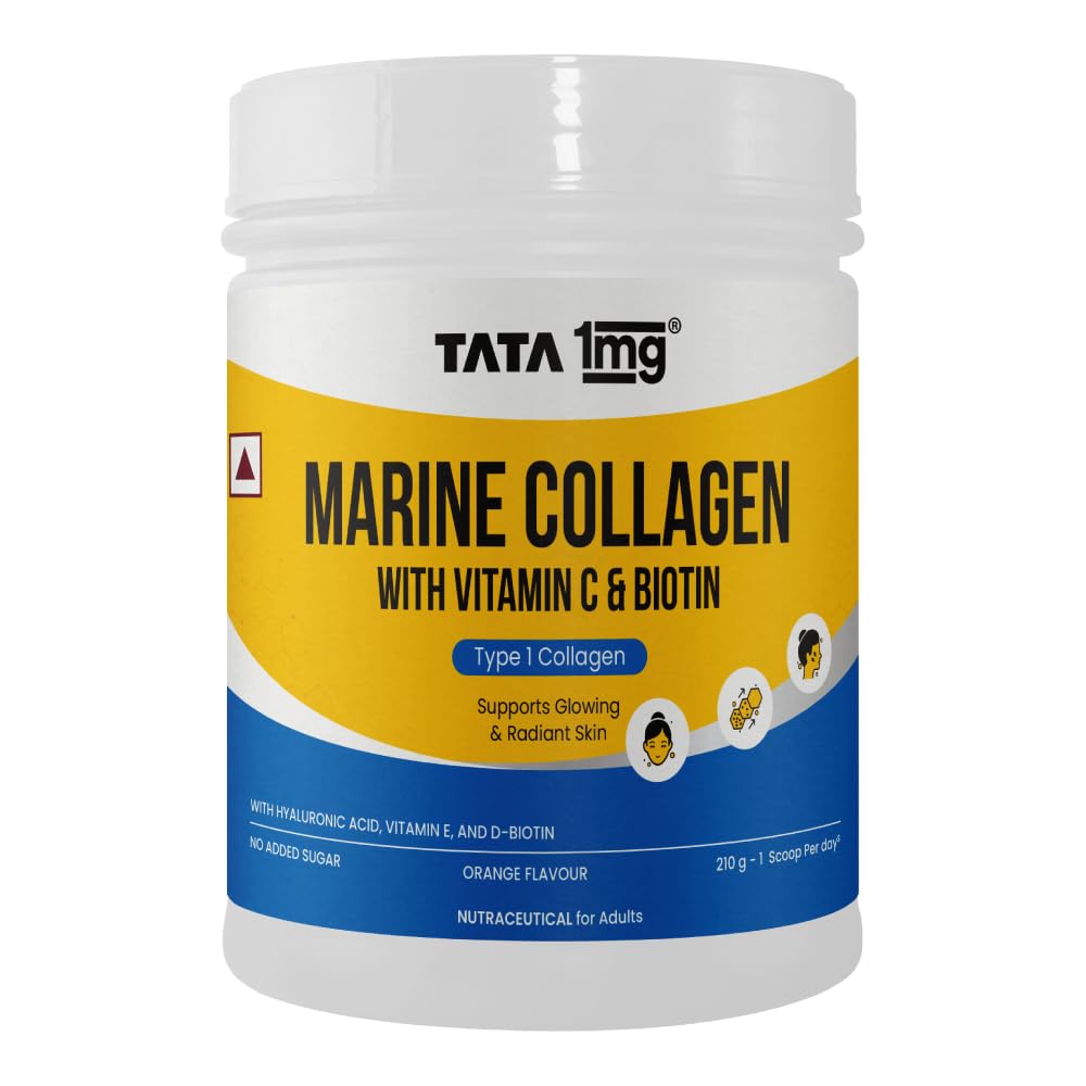 TATA 1mg Marine Collagen Powder | Fortified with Grape Seed Extract for Enhanced Results | Supports Skin, Hair & Nails | With Collagen Peptide for Hydration & Strength | Unflavored, 210g