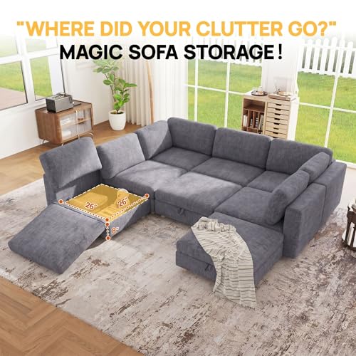 Image of 128 inch Modular Sectional Sleeper Sofa, 8 Seaters Chenille Modular Sectional Sofas, Sleeper Sofa Bed with Storage & Ottoman, Sleeper Couch with Removable Covers, Grey Sectional Couches for Living Room