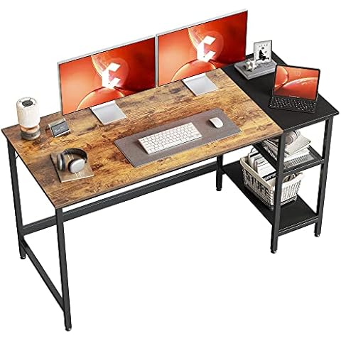 CubiCubi Computer Home Office Desk, 140 * 60cm Small Desk Study Writing Table with Storage Shelves, Modern Simple PC Desk with Splice Board, Rustic Brown and Black Cover
