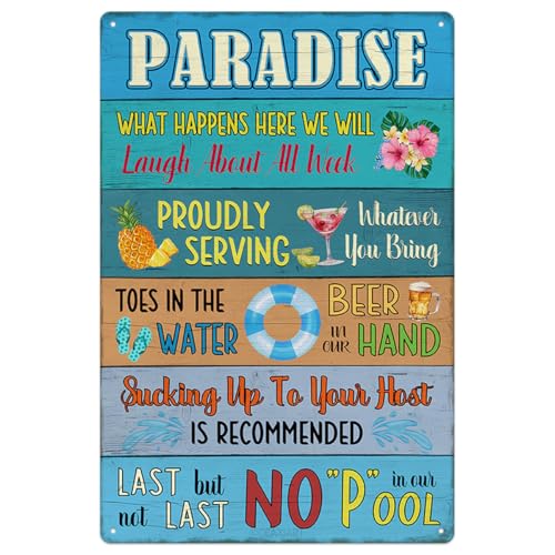 Pool Paradise - Letrero de estaño con reglas de piscina, letrero de metal duradero, placa colgante vintage decorativa para playa, hogar, bar, piscina, terraza, patio, valla, decoración de pared, 30.5