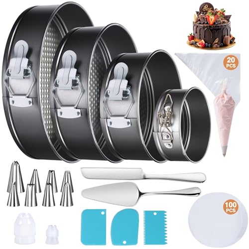 Gymdin 139PCS Springform Cake Pan Set - 4 Non-stick Cheesecake Pans(4/7/9/10-Inch) + Cake Decorating Supplies: Parchment Paper Pastry Bags and Tips Icing Scrapers Cake Cutting Set & More