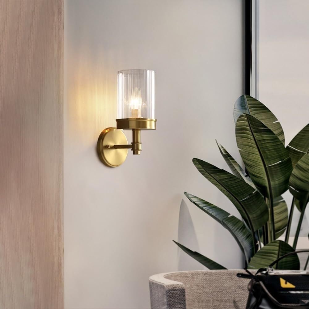 Applique da Parete per Interni Vintage in Vetro Nero per Bagno con Cablaggio in Ottone Vetro Trasparente A Coste Stile Industriale/Rustico Lampade da Comodino per Camera da Letto Soggiorno Cucina Co