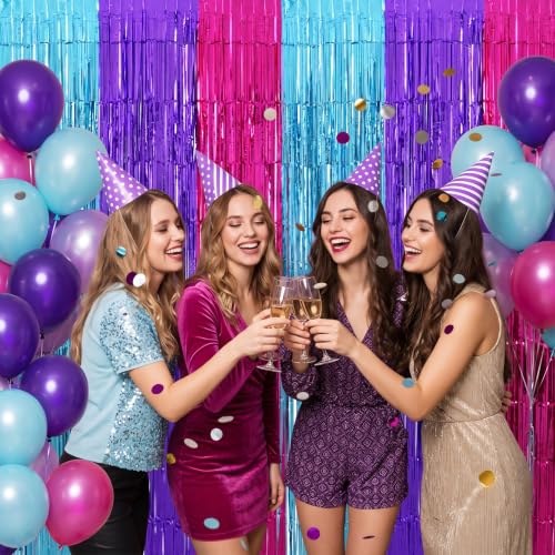 Image of TONIFUL 2Pcs Blue Purple Pink Metallic Tinsel Foil Fringe Curtain Streamer | 3.3ftx6.6ft Photo Booth Backdrop Door Streamer for Sweet 16 Baby Shower Easter Princess Themed Birthday Party Decorations