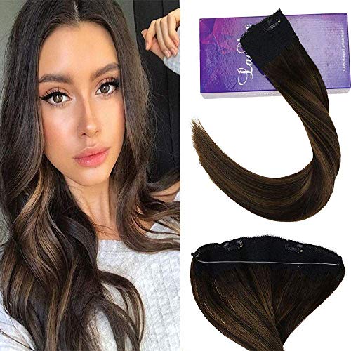 LaaVoo 16" Halo on Remy Hair Extensions Real Human Hair Highlighted Balayage Darkest Brown Ombre to Light Brown and Darkest Brown Flip on Straight Hair Extensions 80g Per Package 11inch Width