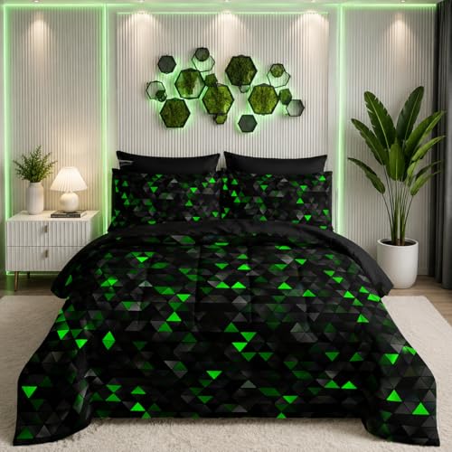 Nttopship Geometric Green Black Triangle Queen Size Comforter Set,Light Honeycomb