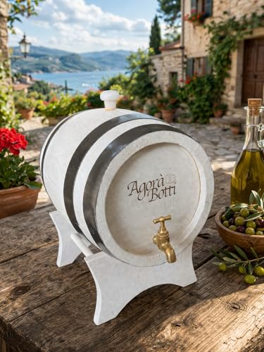Agorà Botti Barril de roble de 5 litros barnizado blanco con círculos antracita, con soporte, tapón y grifo de latón