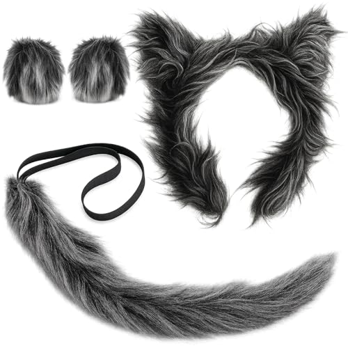 PjuQow Wolf Kostüm Set 4-teilig mit Wolfsohren Schwanz und Handgelenkbändern Authentisches Werwolf Kostüm für Damen und Kinder Perfekt für Halloween und Kostümpartys