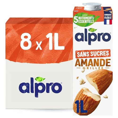 Alpro - Boisson Végétale - Lait d'Amande Grillée Sans Sucres - 1L - Lot de 8x1L