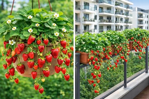Set 10 STÜCK Hängeerdbeere Kletterdbeere Erdbeerpflanzen Setzlinge Pflanzen Ostara ERDBEEREN Super Lecker