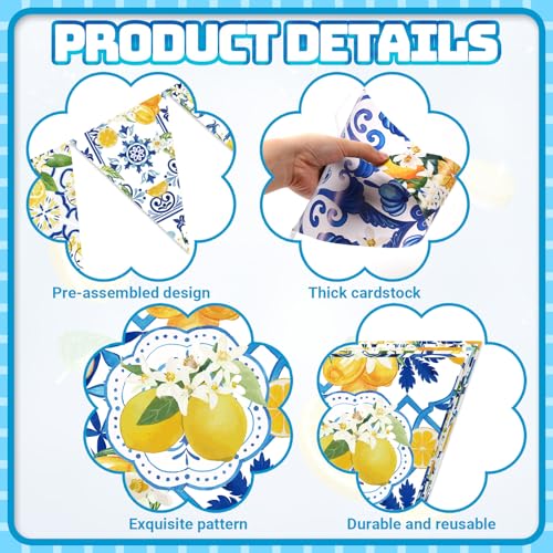 Image of Faccito 5 Pcs Blue Tiles Lemon Pennant Banners Amalfi Coast Party Decorations Italian Theme Blue Tiles Yellow Lemon Triangle Flags Summer Lemonade Decor for Wedding Bridal Shower Birthday Supplies