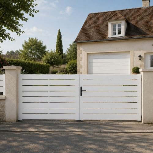 Gefradis Portail battant Manuel PVC Blanc Structure renforcée Largeur 250 cm x Hauteur 140 cm ajouré Lyon