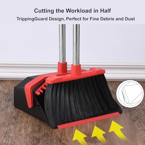Image of Tiumso Upgrade Broom with Dustpan Combo Set, Broom and Dustpan Set with 51'' Long Handle, Dust Pan and Brooms, ZeroGap Lip, Self-Cleaning Dustpans Teeth for Lobby Kitchen Restaurant - Black and Red