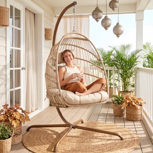 RADIATA Egg Chair Outdoor with Stand, 350 Lbs Heavy Duty Hanging Egg Chair with Padded Cushion, Foldable UV-Resistant Rattan Swing Hammock for Patio Backyard Balcony Pergola Garden Indoor, Beige