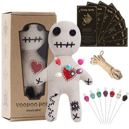 Umakeadeal Voodoo Doll Set Include Spell Cards and 7 Pcs Stress Relief Pins Dammit Creepy Ghost Doll for Halloween Decoration Ornaments Fidget Toys Stress Relieving