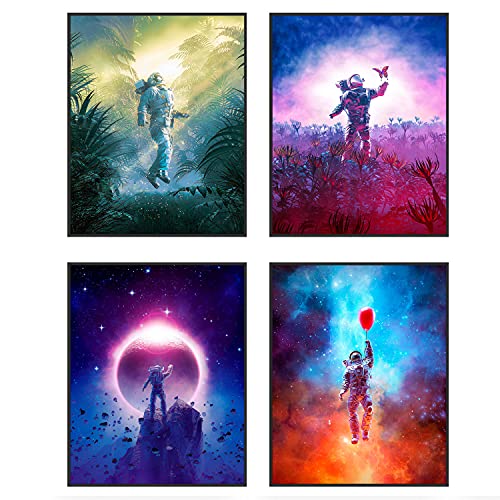 Space Poster, Cool Posters, Space Wall Art - Set of 4 Astronaut Wall Art, Outer Space Room Decor, Wall Art for Men - Galaxy Poster Set, Space Bedroom Decor for Boys, Astronaut Poster - Unframed (8x10)