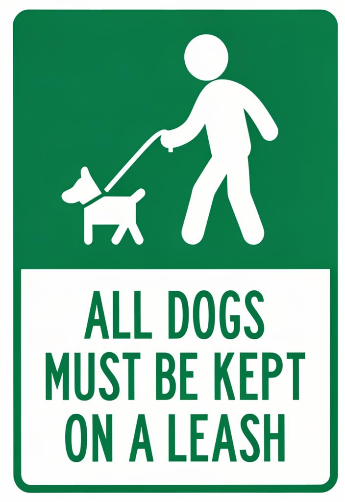 peiyeety All Dogs Must Be Kept on a Leash Tin Sign 12x8 Inch, Green & White Metal Notice Plaque, Rounded Corners Wall Decor for Yard, Park, Home, Fence, Pet Area, Dog Owner Gift