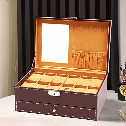 Boîte à montres 2 étages 12 emplacements avec miroir et serrure, boîte de rangement pour bijoux, boîte de collection pour bagues, bracelets, cadeau, marron Cover