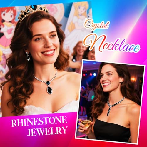 Atigy Silberne Halskette mit Strasssteinen Kristall Choker Halsketten lange funkelnde Halskette Schmuck für Damen (Schwarz)
