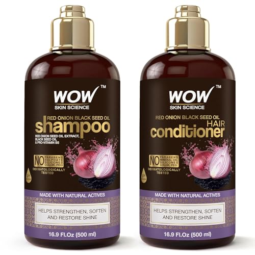 WOW Skin Science Onion Black Seed Oil Shampoo & Conditioner Set With Hair Oil For Strong, Soft Hair & Shine – Hair Treatment For Dry Damaged Hair For All Hair Types (Brown, 16.9 Fl Oz (Pack Of 2))