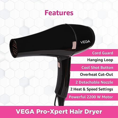 VEGA Pro-Xpert 2200W Professional Hair Dryer For Women With 2 Speed/3 Heat Settings, Cool Shot Button, Diffuser & 2 Detachable Nozzles, Travel Friendly, (Vhdp-03), 2000 Watts,Black - Image 3