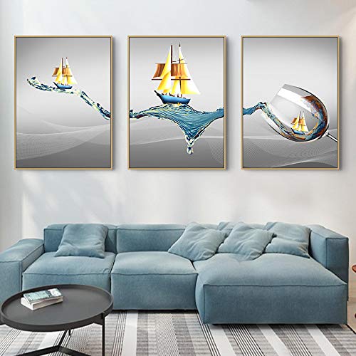 Art toile peintures voilier affiches verre à vin mur art photos 3 pièces