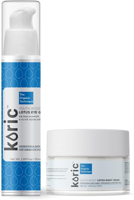 Koric Be-Youth-iful Nights Skincare 2 Product Kit Youth Boost Eye Gel and Lotus Night Cream, Boosts Skin Collagen Targets First Signs of Aging Hyperpigmentation, Dark Circles & Puffiness,Fine lines, Wrinkles Together Nourishment and Hydration