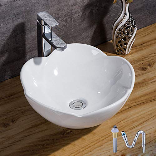 HomeLava Lavabo Sobre Encimera para Baño Lavabo Hecho de Cerámica con Válvula Desagüe Cuerpo Flor Blanco 390 * 390 * 170mm (el grifo no incluido) (Flor)
