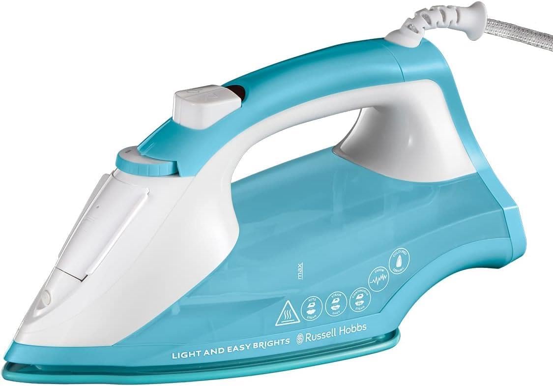 Russell Hobbs Light & Easy Brights Aqua Steam Iron, Fabric Softening Infused Ceramic Soleplate. 2x smoother glide, 2x durability, 240ml Water Tank, 115g Steam Shot, 35g Continuous Steam, 2400W, 26482