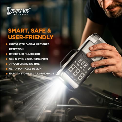 Image of Cockatoo ATJ-9366-V Portable Tyre Inflator & 8000mAh Car Jump Starter with Air Compressor, Vacuum Cleaner, LED Display, Emergency Light & USB Output - Supports 6.0L Gas /3.0L Diesel Engines