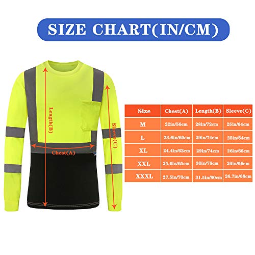 AYKRM Safety T Shirt Reflective High Visibility hi vis Long Sleeve T Shirt (Yellow, M)