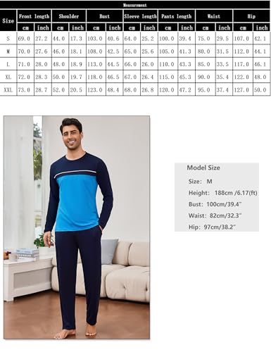 Bresdk Herren Schlafanzug Lang Baumwolle Pyjama Set Herbst Winter Zweiteiler Nachtwäsche Langarm Schlafanzüge,Blau Hellblau,XL