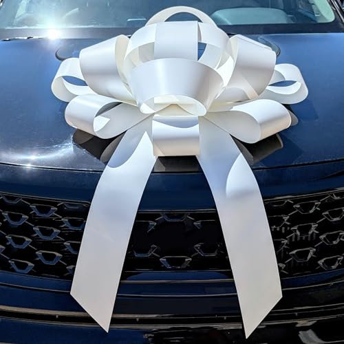 Image of CarBowz Big Car Bow for Decorations and Birthday Gifts, Large Ribbon, Magnet, Safe Sticker Included, Fully Assembled 30 inch Wide Huge Bow, No Suction Cup Needed (White)