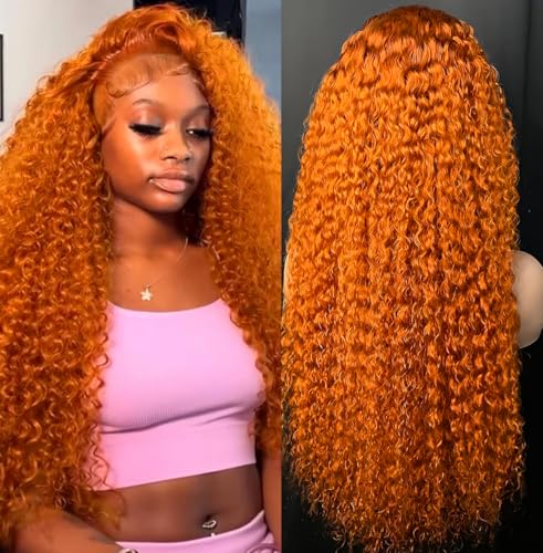 Image of LAINSS Ginger Orange Lace Front Wigs Human Hair Pre Plucked Deep Wave 13x6 HD Lace Frontal Wigs for Black Women Human Hair Glueless Colored Wigs Human Hair Lace Front Wigs 350# Wigs 26Inch