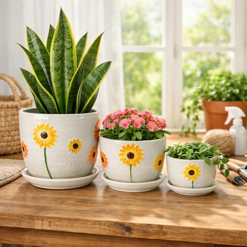 Xtore® Beautiful Sunflower Ceramic Planter Pots Set of 3 for Home & Balcony Décor | Glossy Textured Flower Pots with Drain Plates for Indoor Plants, Tabletop & Windowsill Styling (White & Yellow)