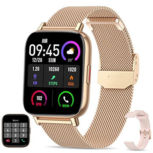 AooDen Smart Watch for Women(Answer/Make Call), 1.69'' HD LCD Bluetooth Smart Watch for Android iOS Phones Compatible, Fitness Watch with Stainless Band Heart Rate SpO2 Sleep Tracker, Smart Watch Gold
