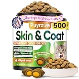 Puyrzoe 500 Cat Skin and Coat Support Chews - Crunchy & Creamy Cheese Core with Omega 3/6/9, Vitamins C & E, Biotin for Skin Care & Coat Shine Supplement for Cats Kittens - Chicken & Shrimp Flavor