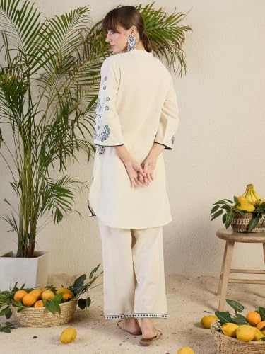 Image of INDO ERA Women's Pure Cotton Embroidered Straight Kurta & Palazzo Set | cotton kurta sets for women