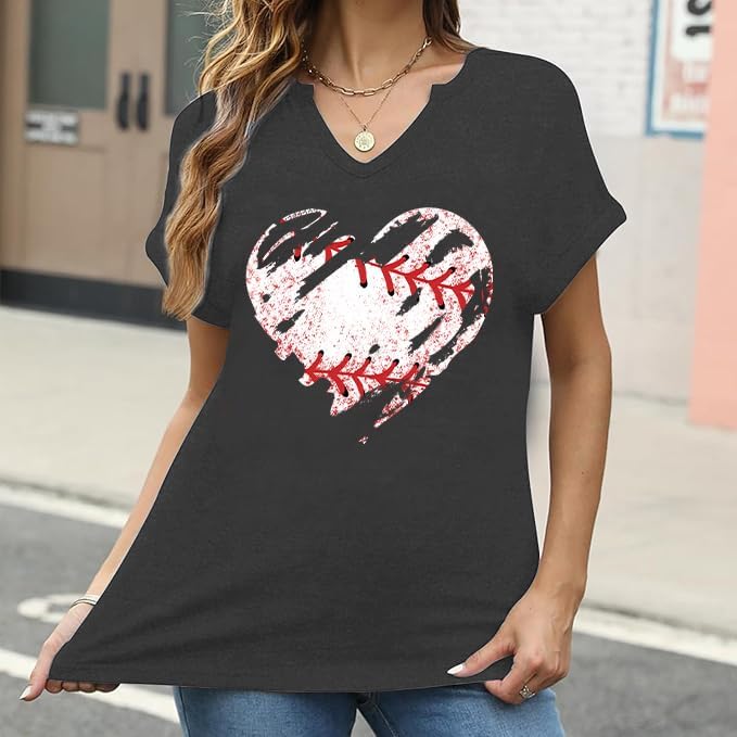 Baseball Mama Shirt Baseball Mom Tshirt Game Day V-Neck Short Sleeve Cheer Mom Heart Graphic Tees - Image 4