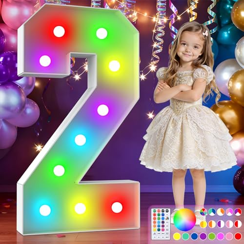 Image of 3FT Colorful Marquee Numbers,18-Color Number 2 with Remote Control Large Light Up Numbers Sign,Pre-Cut Foam Board Set for Party Decoration, Birthdays, Weddings, Graduations, Baby Anniversaries