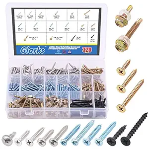 Glarks 320Pcs Mixed Self Drilling Screws and Self Tapping Screws Assortment Kit 16 Different Types Wood Screws, Sheet Metal Screws and Drywall Screws for Wood, Sheet Metal and Drywall Use