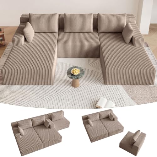 Image of 107 inch Modular Sectional Sleeper Sofa, Boneless Cloud Couch for Living Room, U Shaped 3 Seat Sofa with Deep Seat, Free Combination, Couch in a Box, No Assembly Required (Camel)